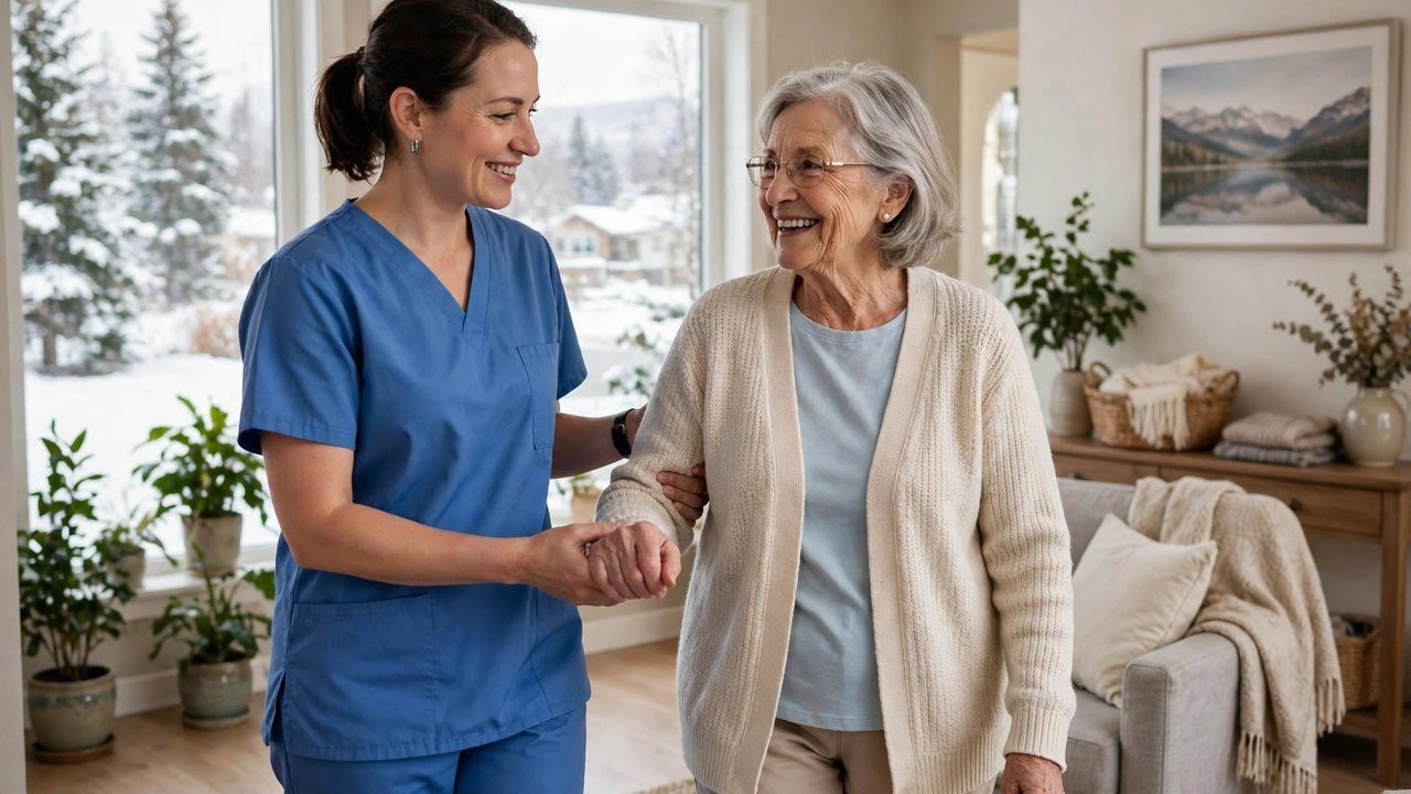 Caregiver in blue scrubs helping an elderly woman at home in Canada