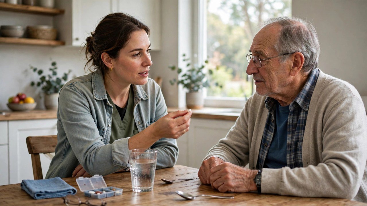 Caregiver reminding an elderly man about his medication at home