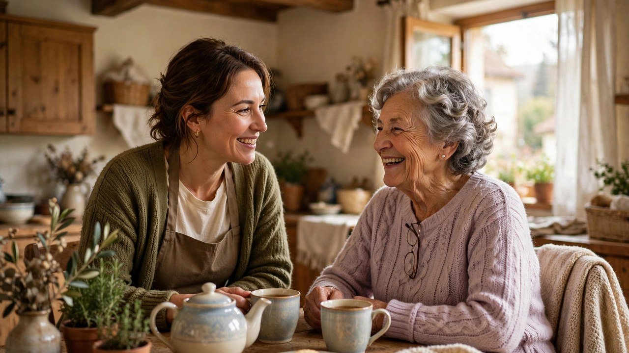Caregiver sharing tea with an elderly lady in a European home