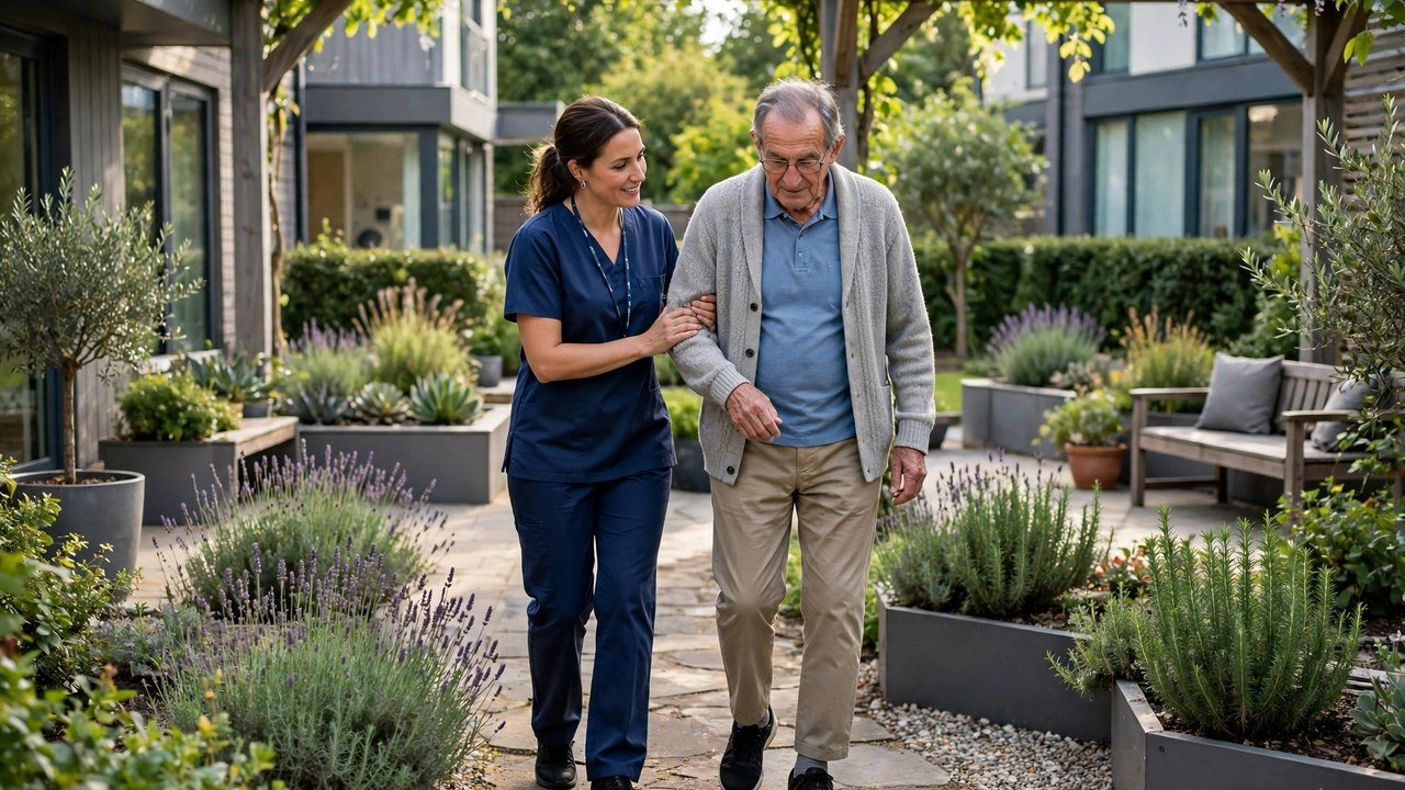 Care worker helping an elderly man with walking exercises in a care home garden