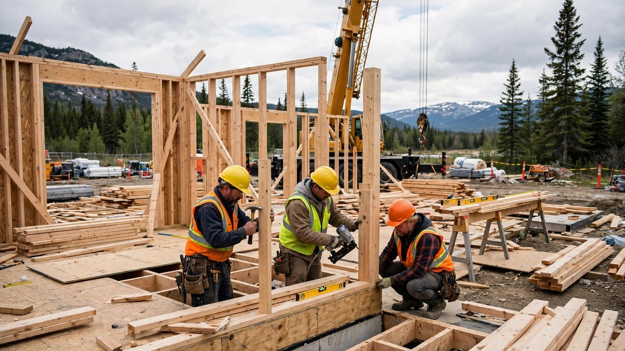 Carpenters framing a wooden house on a Canadian construction site