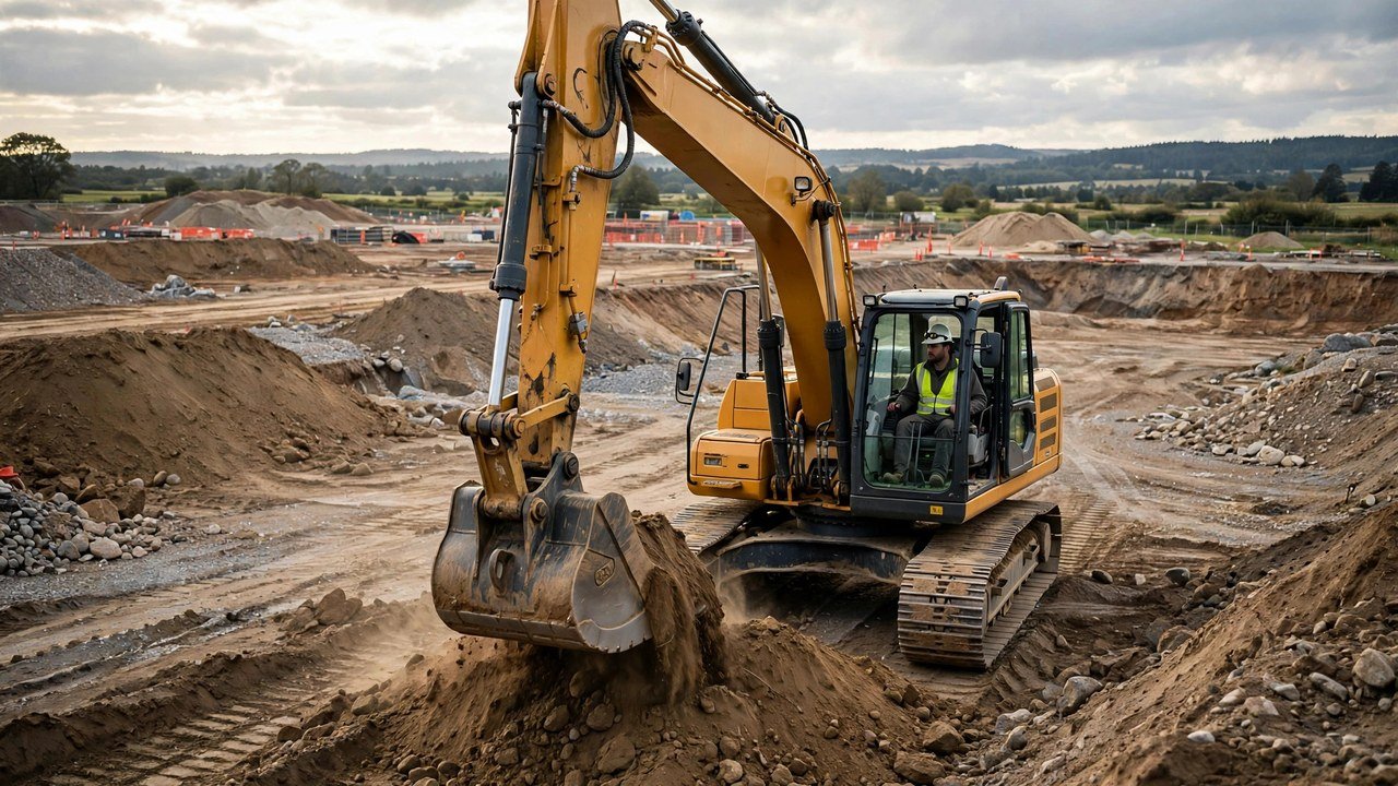 Heavy equipment operator driving an excavator on a construction site in Canada