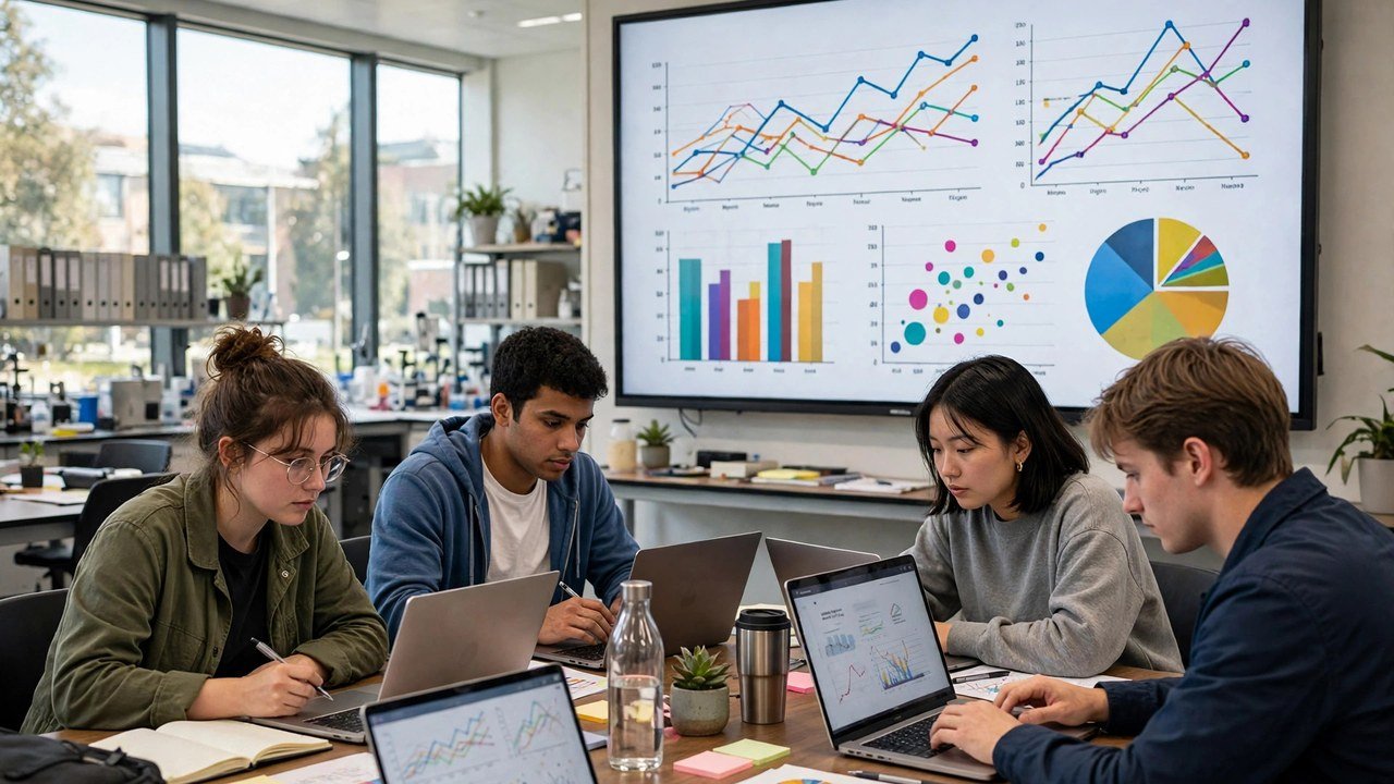 Economics interns analyzing economic data charts on laptops in a university research lab