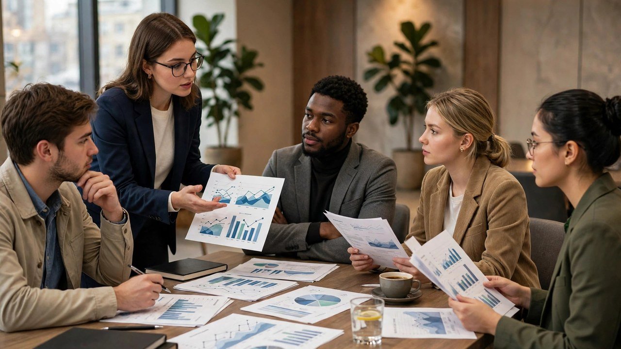 Young economists presenting printed financial charts in a policy meeting room