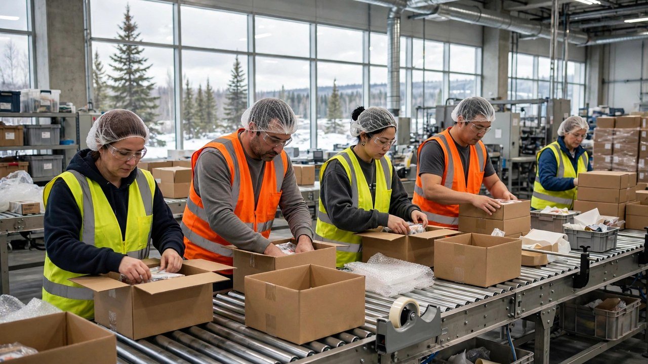 Factory workers packing boxes on a production line in a Canadian manufacturing plant