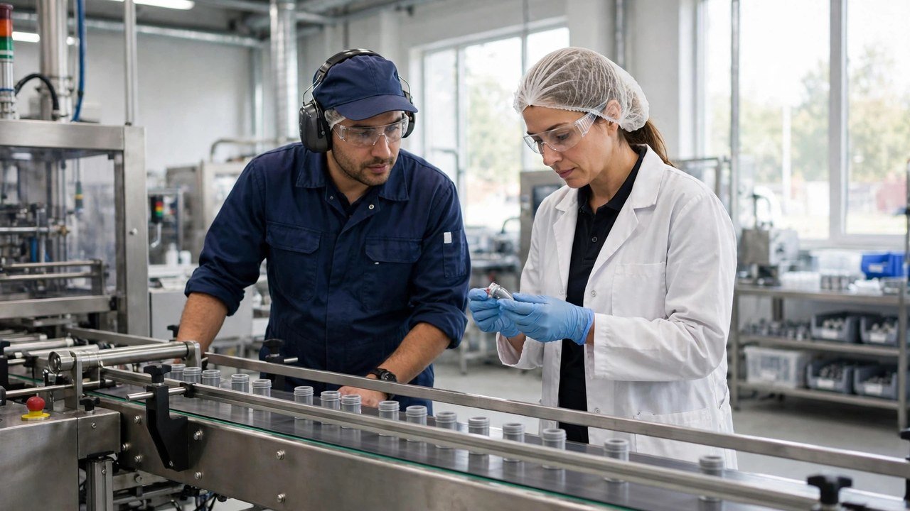 Machine operator and quality control worker inspecting products in a Canadian factory