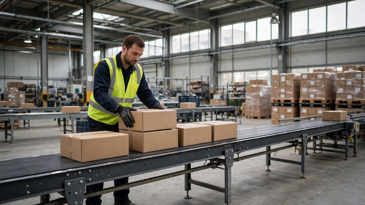 Factory worker in a safety vest stacking cardboard boxes on a conveyor belt inside a spacious manufacturing warehouse