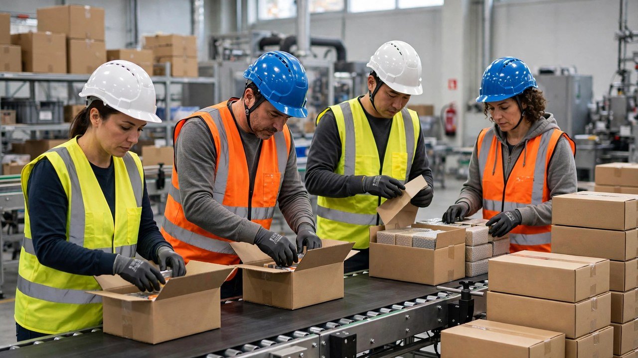 Four factory workers in safety helmets and vests packing products on a production line