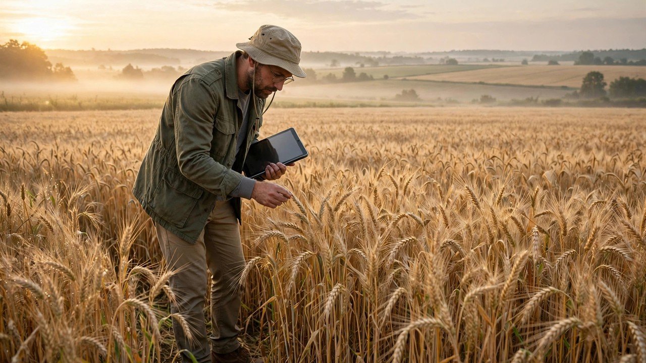 A researcher studying crop growth data on a tablet in a wheat field at sunrise