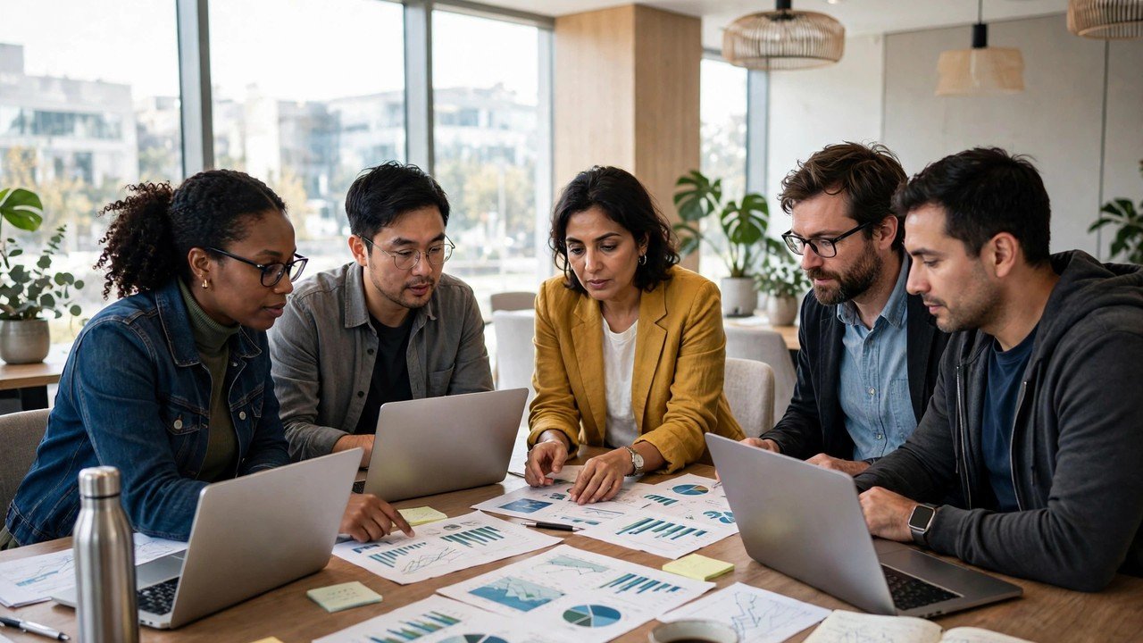 Scientists analyzing food security data together in a modern conference room