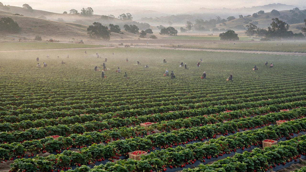 Workers tending tomato plants inside a modern American greenhouse