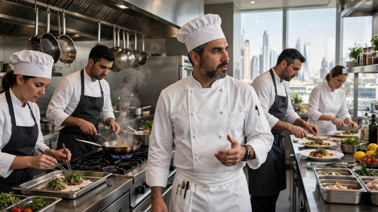 Head chef leading a hotel kitchen team during dinner service in Dubai