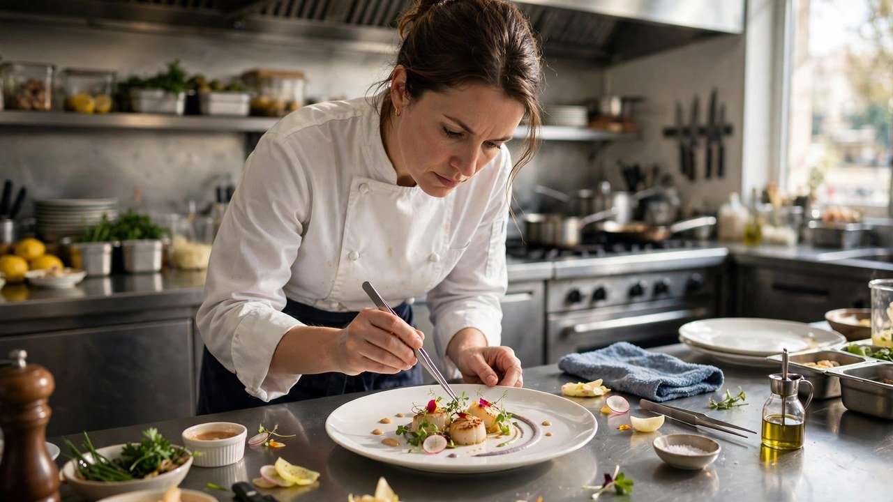 Chef plating an elegant dish during a cooking trial in a professional kitchen