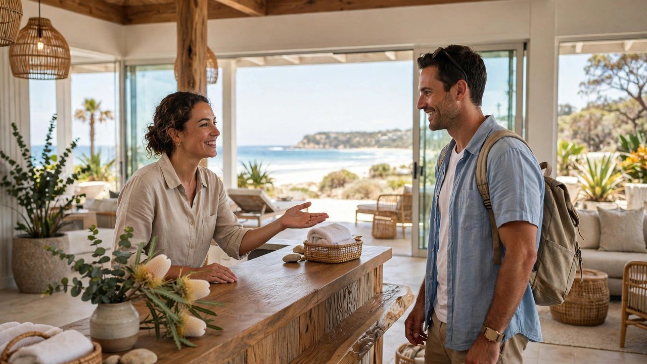 Hotel reception staff welcoming a guest at an Australian beach resort