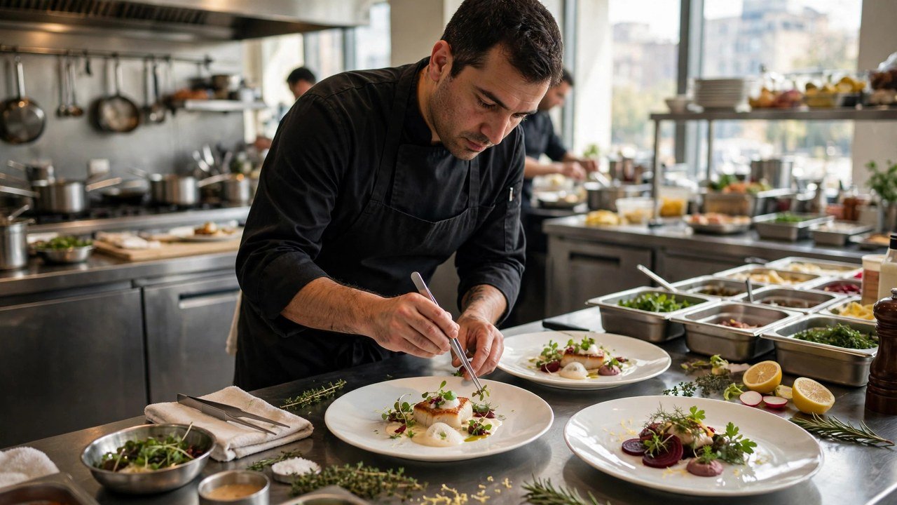 Chef plating dishes in a professional hotel kitchen in Australia
