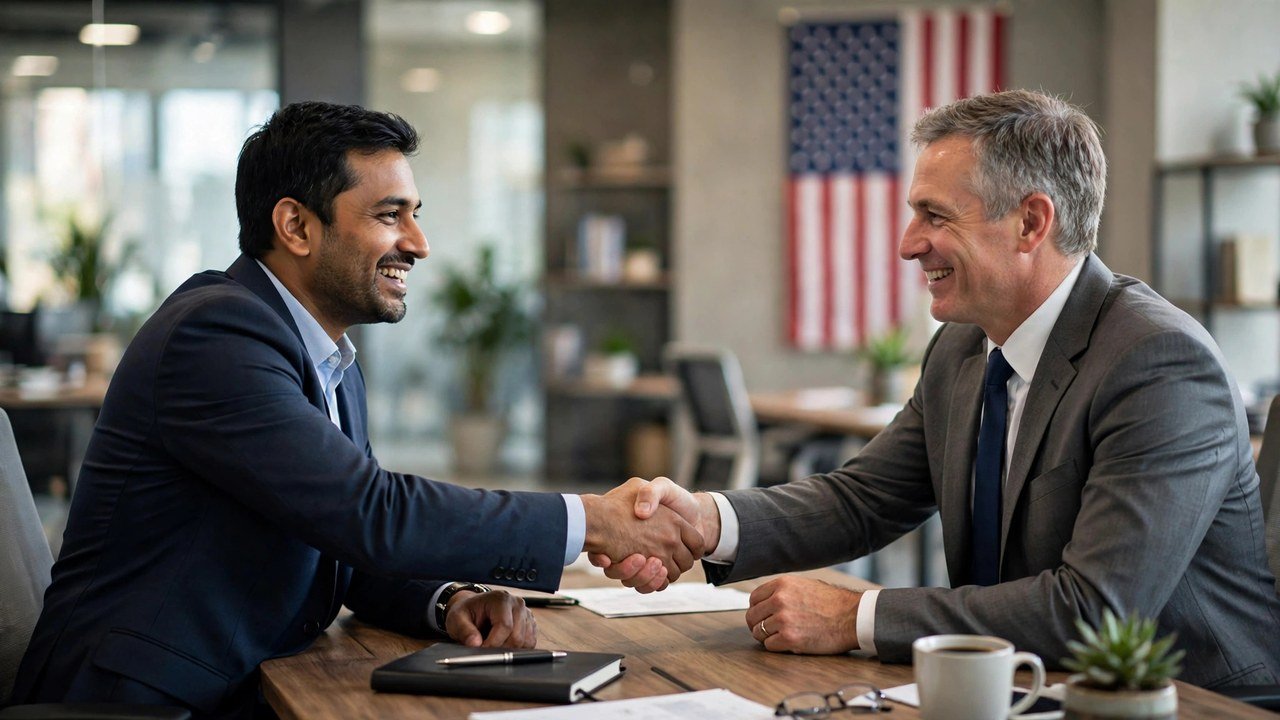 Foreign professional shaking hands with an American employer after a job offer