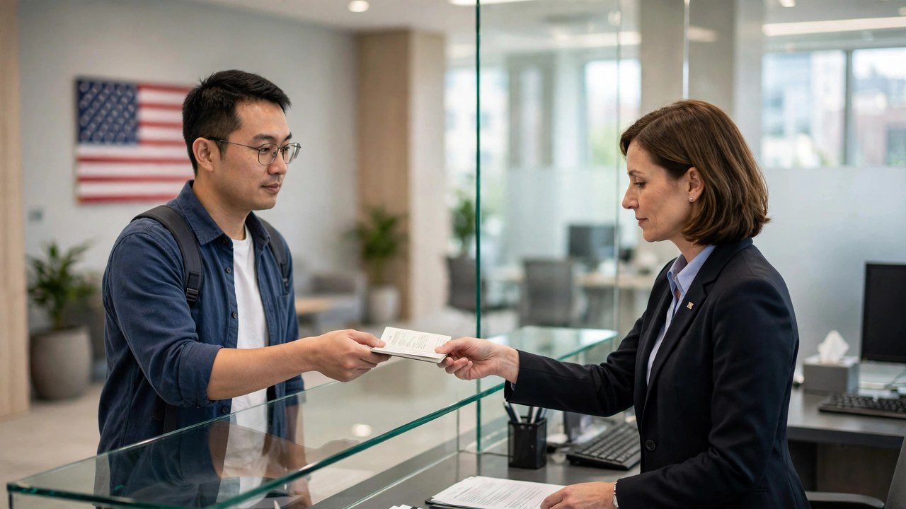 Visa applicant handing passport and documents to an officer at a US embassy interview