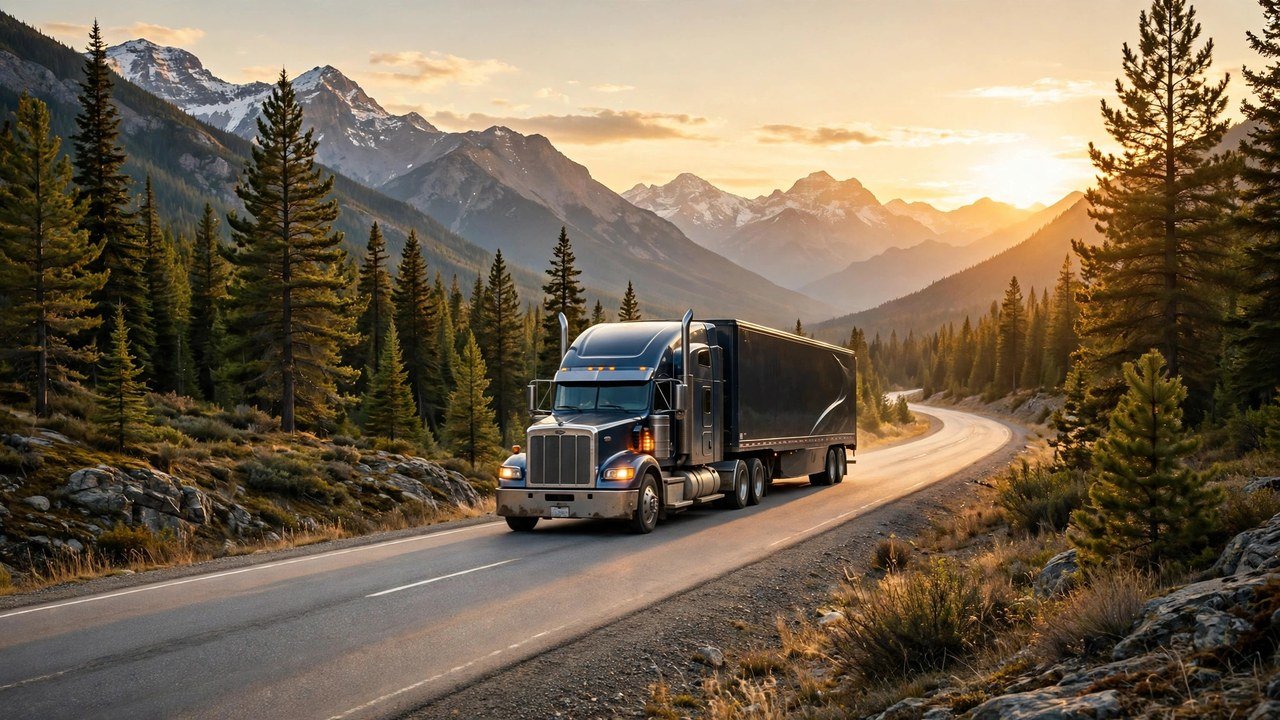 Long-haul truck on a Canadian highway with mountains in the background