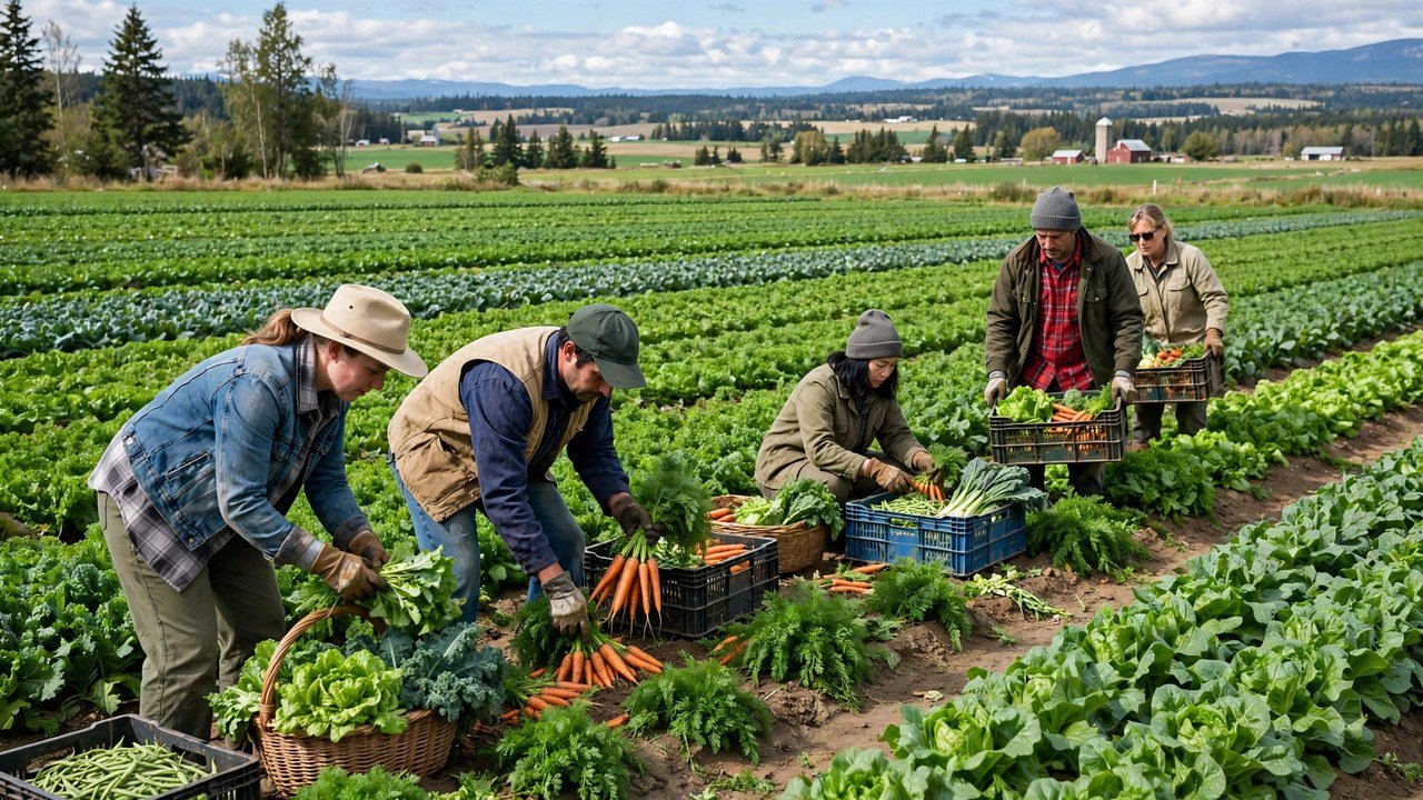 Farm workers harvesting vegetables in a Canadian field