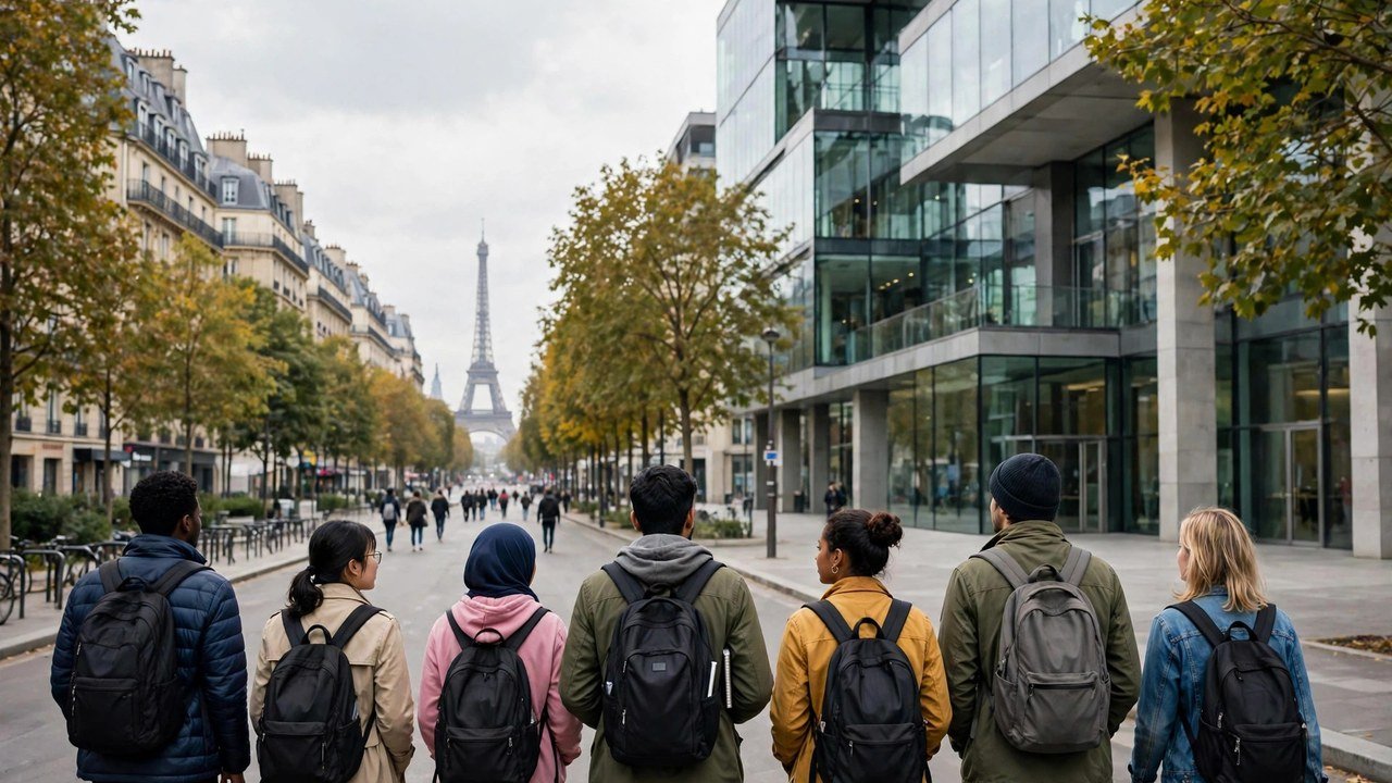 Students walking toward a modern headquarters building in Paris with the Eiffel Tower in the background