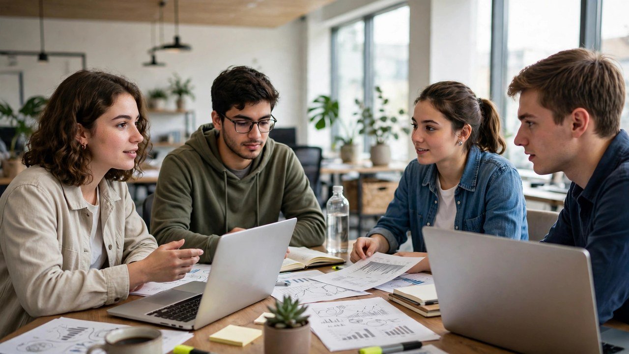 Young interns discussing research around a table in a modern office