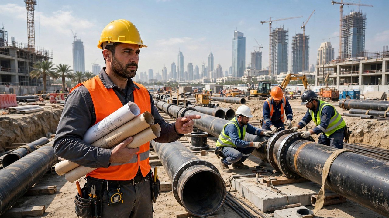 Plumber foreman supervising a crew installing pipes on a Dubai construction site