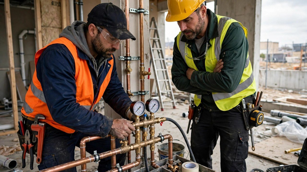 Plumbers pressure-testing newly installed pipes on a construction site