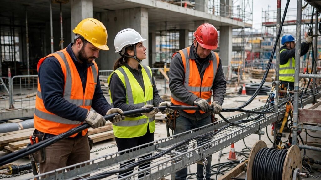 Construction workers in safety helmets handling thick power cables at a building site