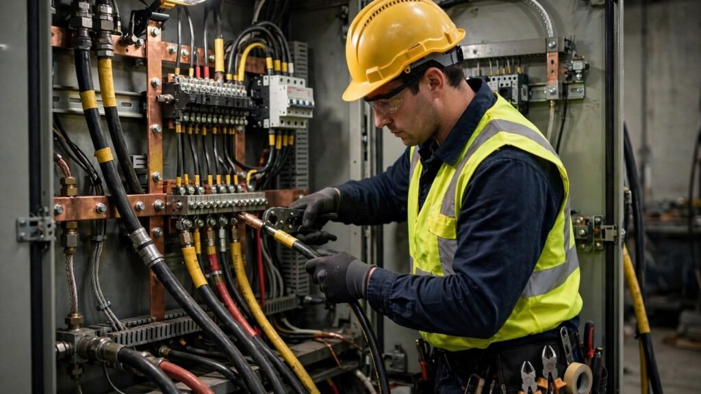 Electrician in safety gear connecting power cables inside an industrial electrical panel