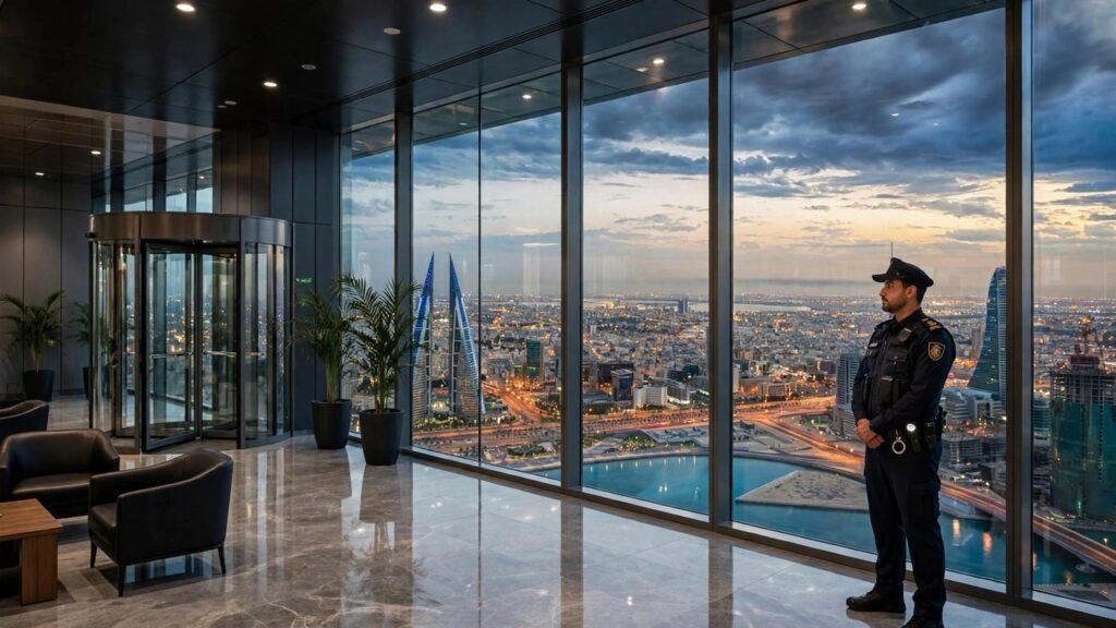 Security guard in dark uniform standing at a glass entrance lobby of a high-rise building in Manama, Bahrain at dusk