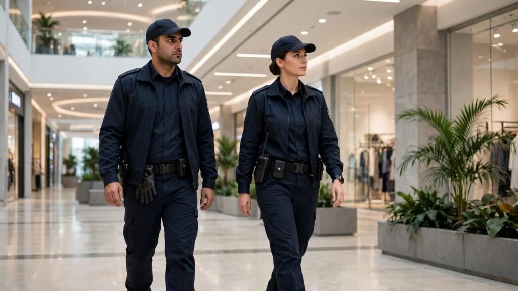 Two security guards in dark uniforms patrolling a shopping mall corridor in Bahrain