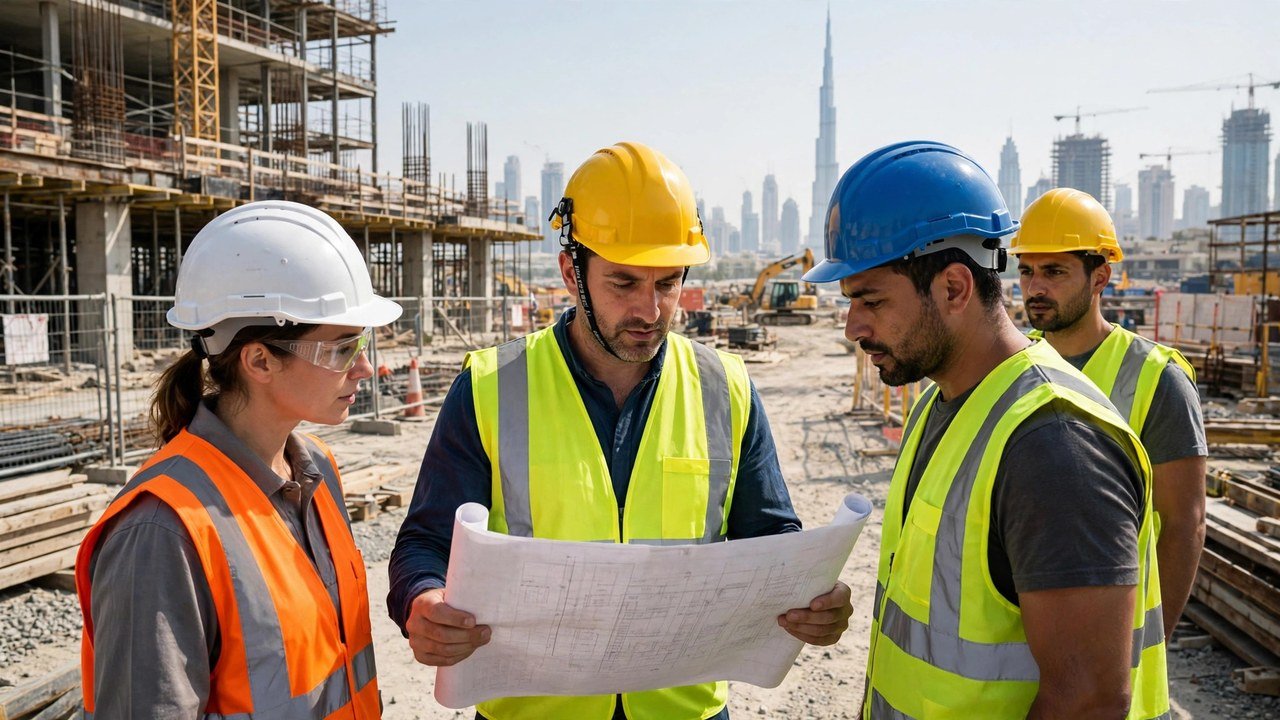 Site supervisor reviewing a blueprint with workers on a Dubai construction site