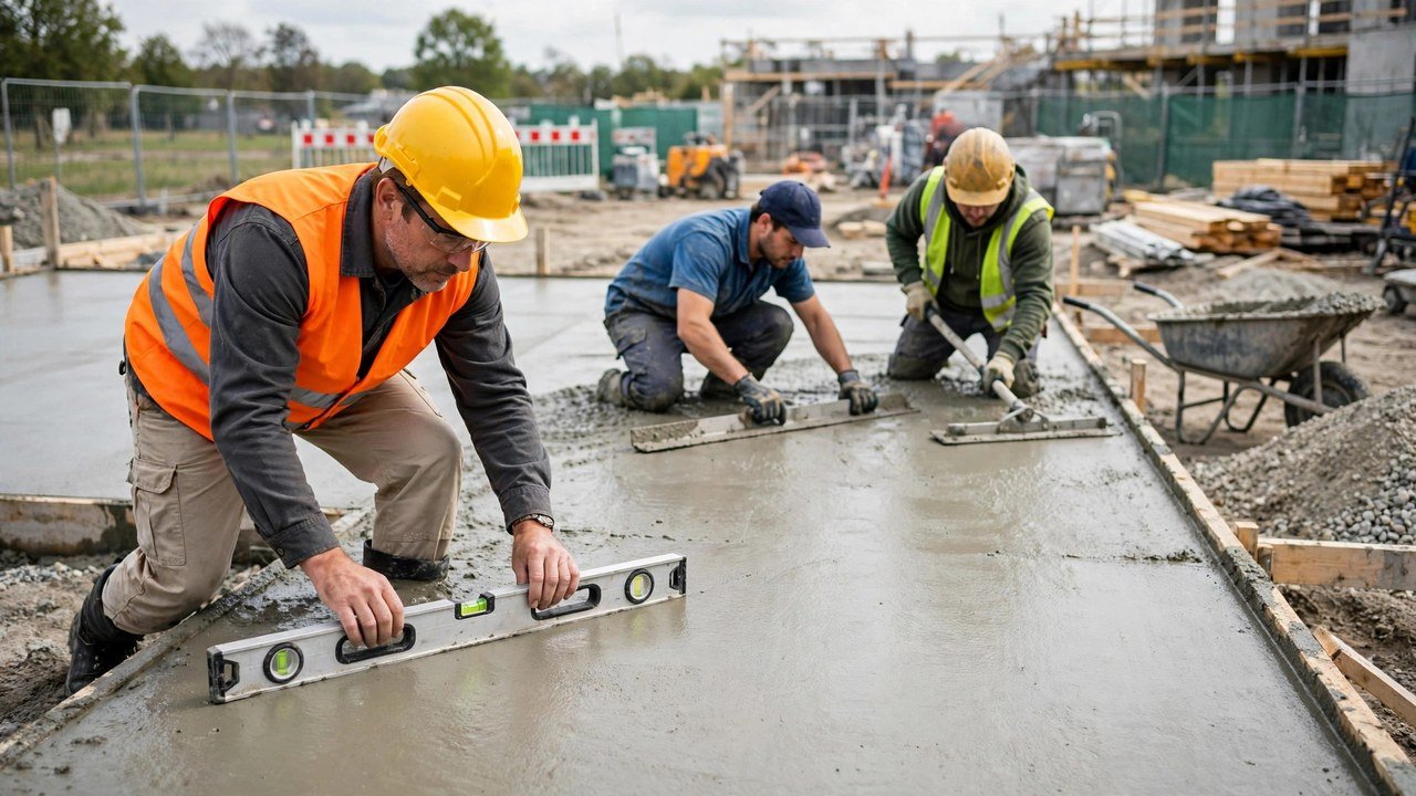 Site supervisor inspecting fresh concrete work on a construction site