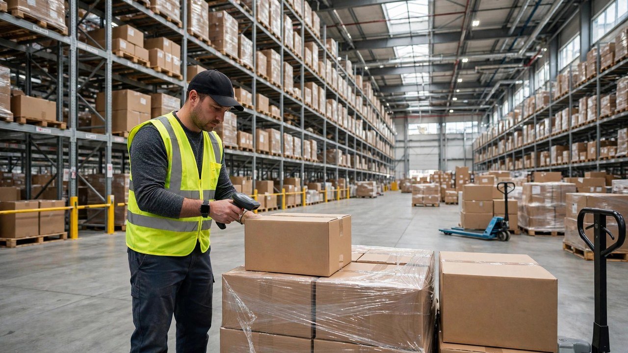 Warehouse worker scanning parcels in a large US distribution centre