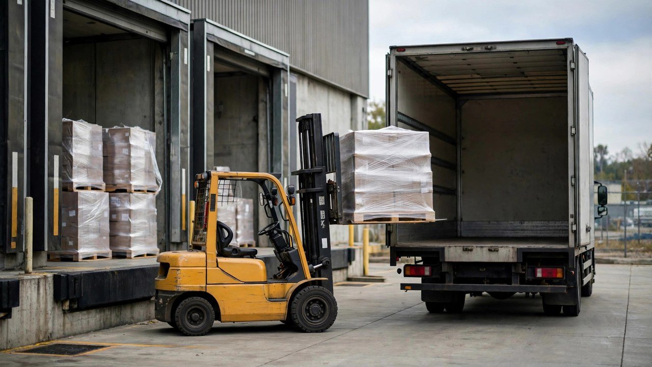 Forklift loading pallets onto a truck at a warehouse loading dock