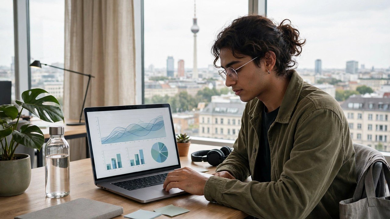 Young intern analyzing public health data charts on a laptop in a Berlin office with a city view