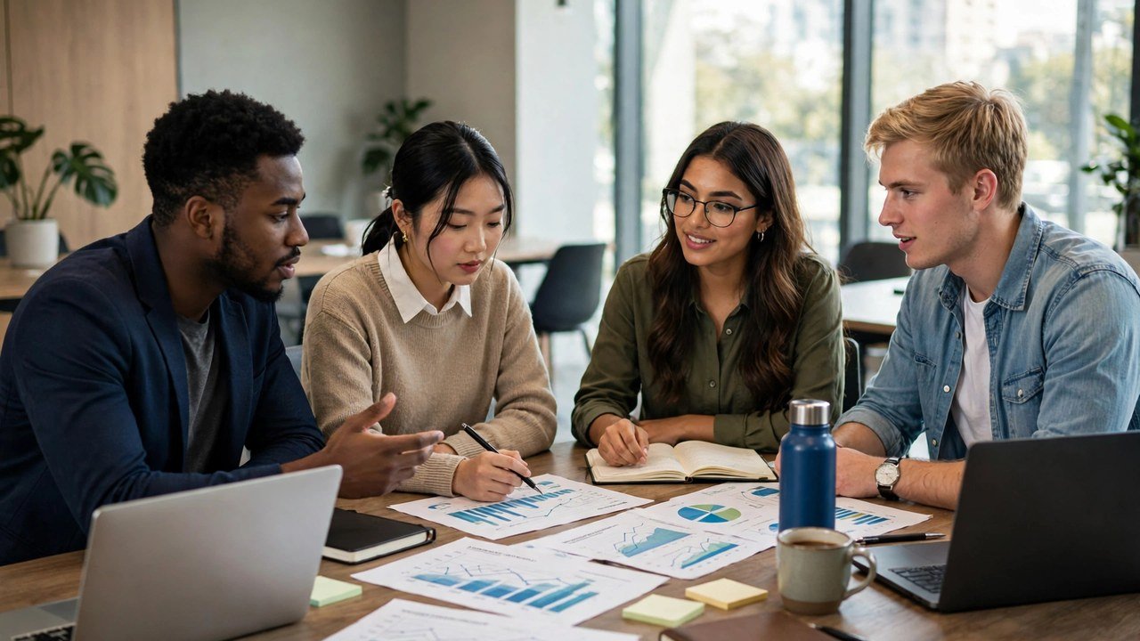Diverse team of young professionals discussing data charts and documents in a modern meeting room