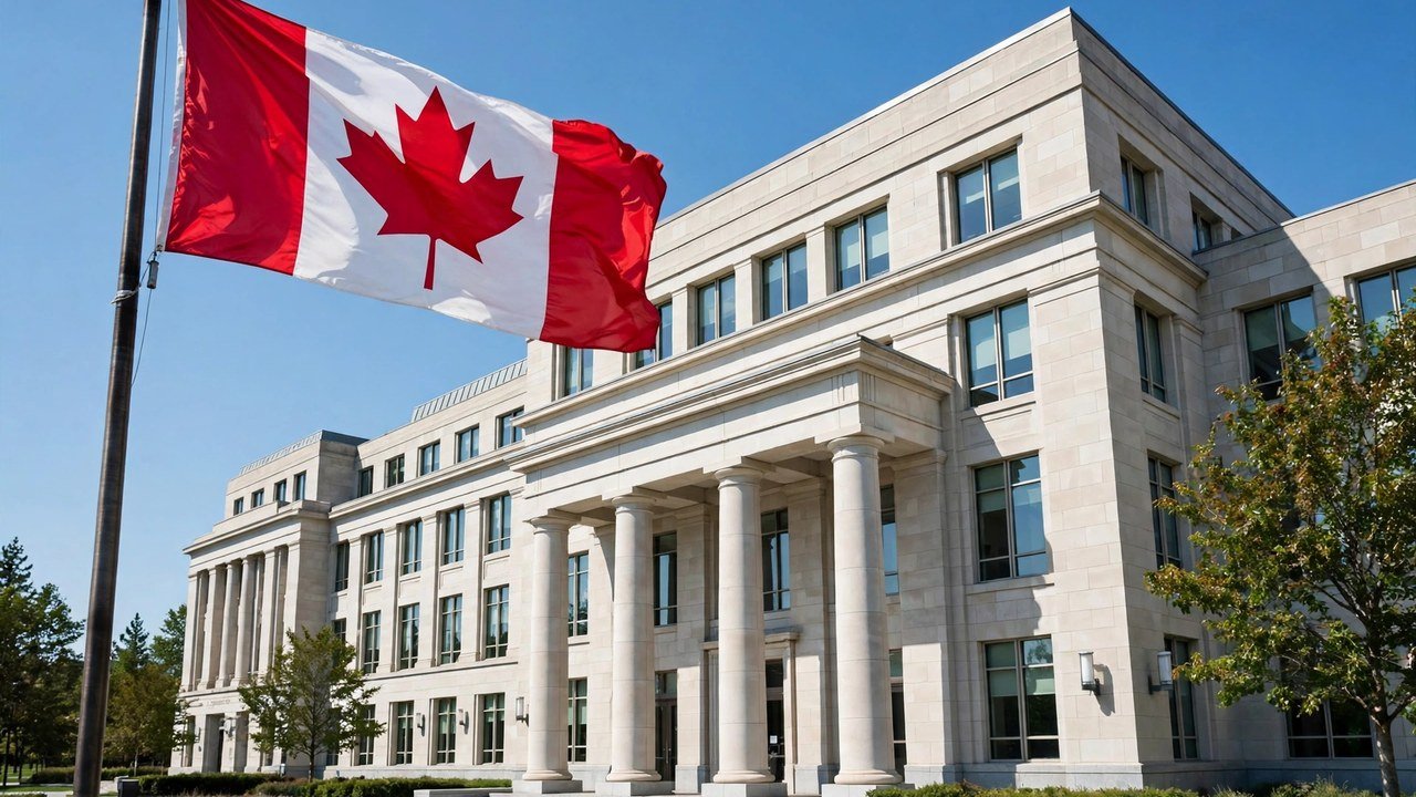 Canadian flag flying in front of a government building in Canada