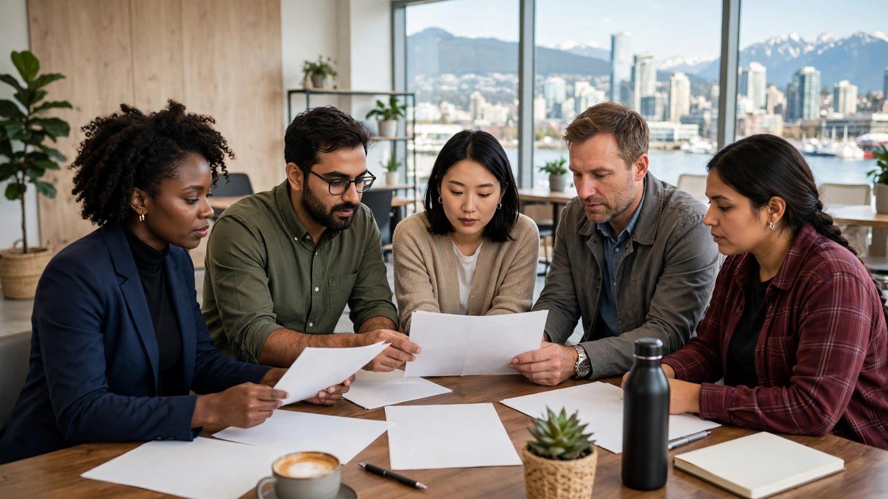 Foreign workers reviewing LMIA documents with a Canadian employer