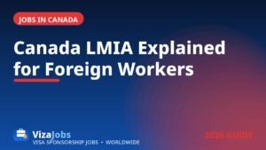 Canada LMIA explained illustration showing a Canadian employer and a foreign worker reviewing an official LMIA document with a maple leaf
