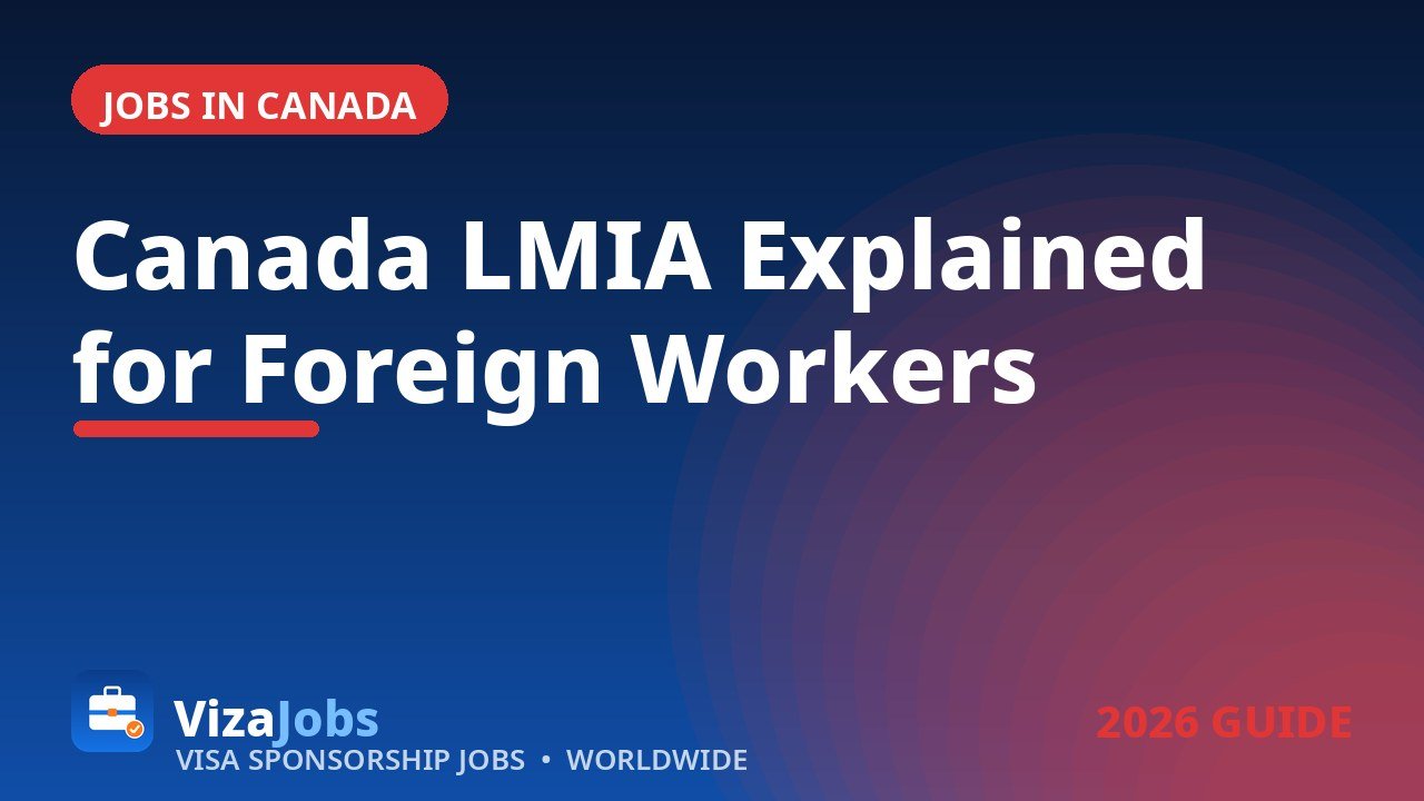 Canada LMIA explained illustration showing a Canadian employer and a foreign worker reviewing an official LMIA document with a maple leaf