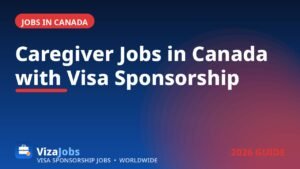Caregiver in blue scrubs holding hands with an elderly woman in a bright Canadian home, caregiver jobs in Canada with visa sponsorship 2026