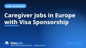 A kind caregiver helping a smiling elderly woman at home in Europe — caregiver jobs in Europe with visa sponsorship 2026