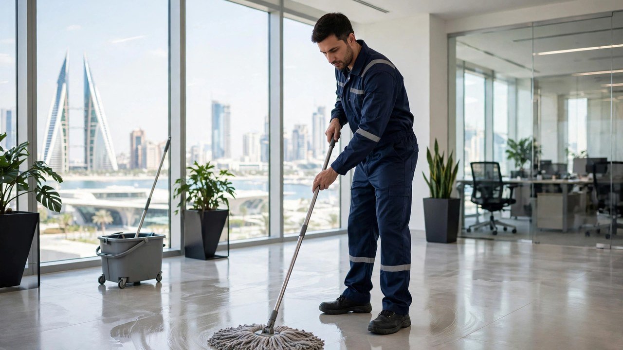 Professional cleaner in navy uniform mopping a bright modern office floor with Manama skyline visible through large windows
