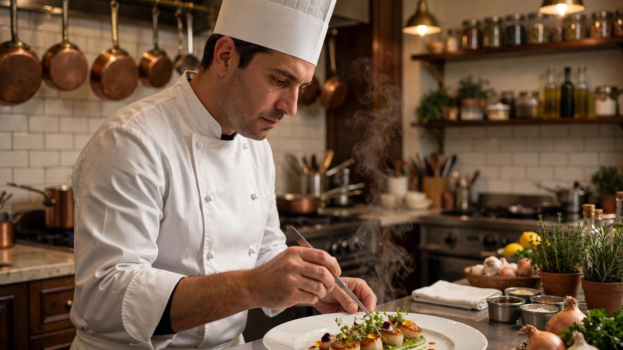 Chef preparing a dish in a hotel kitchen in Romania