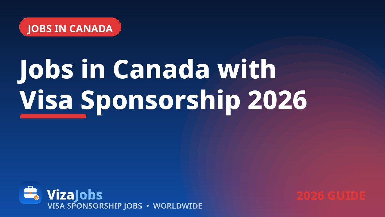 Jobs in Canada with visa sponsorship 2026 illustration with a Canadian flag and maple leaf alongside a truck driver, nurse, welder and farm worker