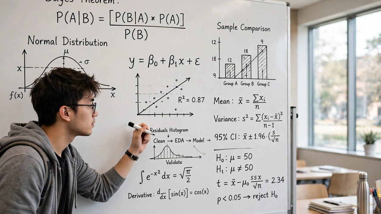 Student writing mathematical equations and statistical charts on a whiteboard