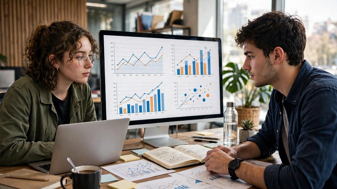 Two researchers analyzing data charts and graphs on a computer monitor in a modern office