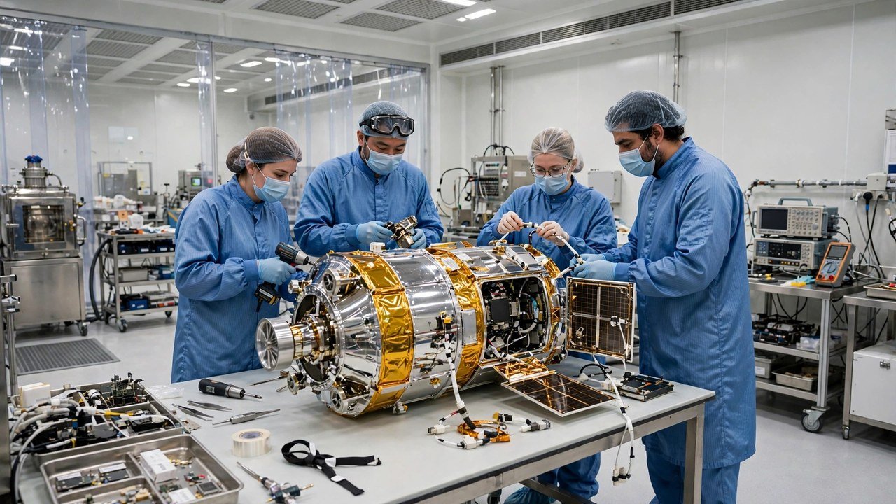 Engineers in blue clean room suits assembling a satellite in a high-tech facility