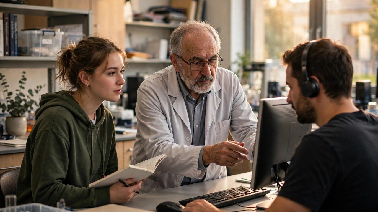 Psychology student observing a memory research experiment with a senior researcher in a university lab